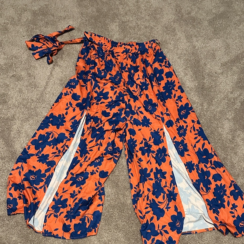 SHEIN Orange and Blue Floral Wide Leg Pants